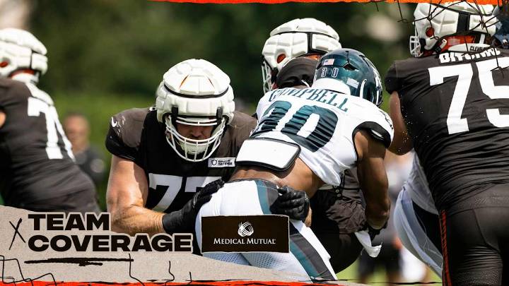 Browns' offensive line gets tested in training camp by stout Eagles' defensive line
