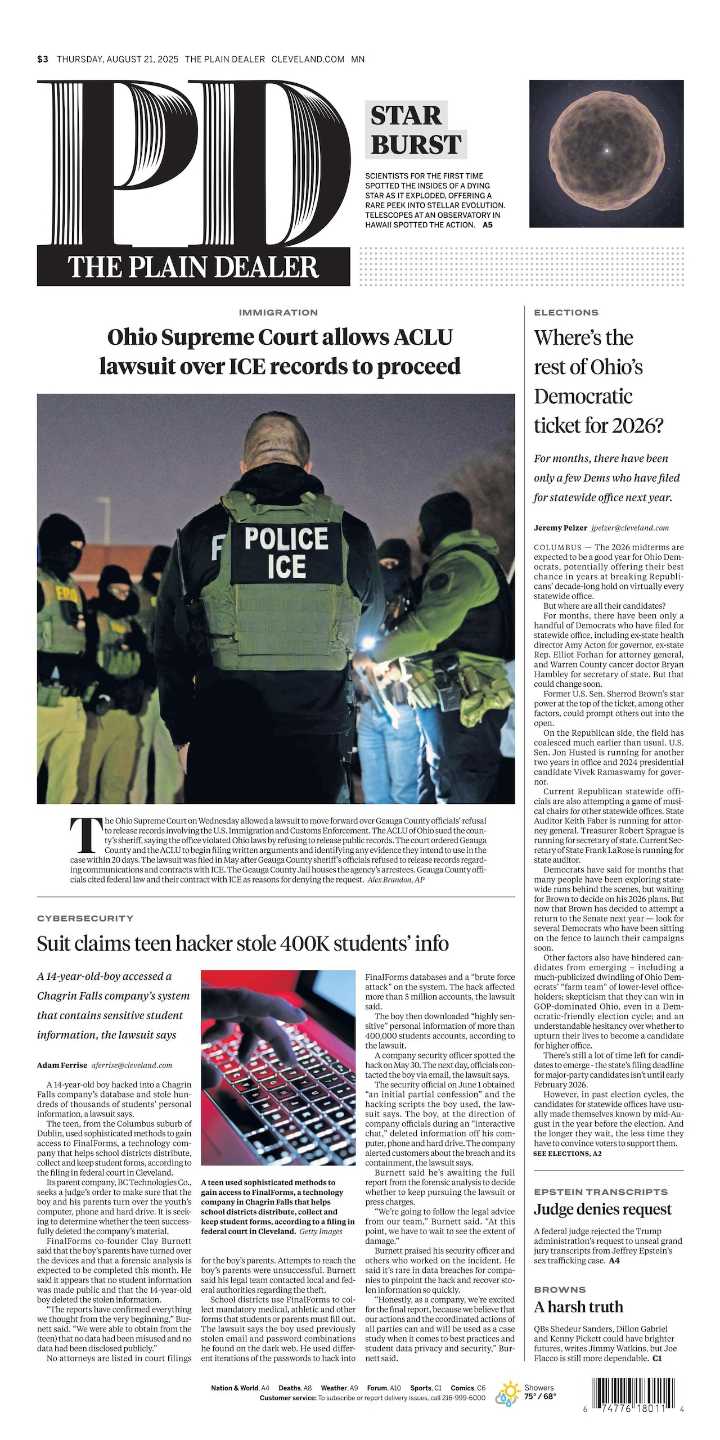 The Plain Dealer’s front page for August 21, 2025