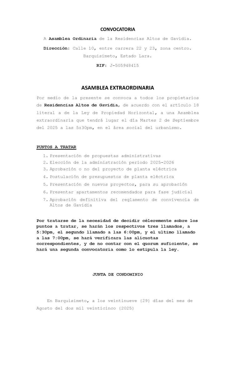 Convocatoria – Asamblea Ordinaria de las Residencias “Altos de Gavidia”