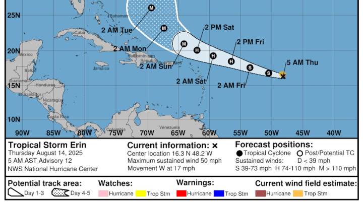 Tropical Storm Erin set to strengthen as it heads west toward Caribbean