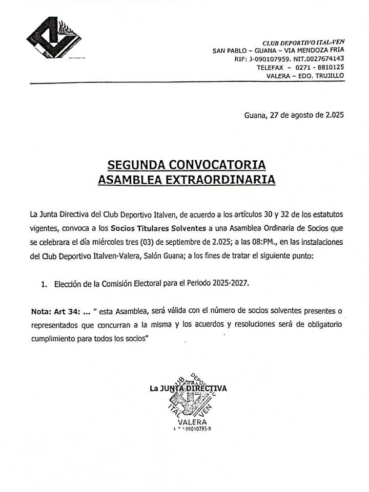 Segunda Convocatoria de Asamblea Extraordinaria de Socios del Club Deportivo ITALVEN
