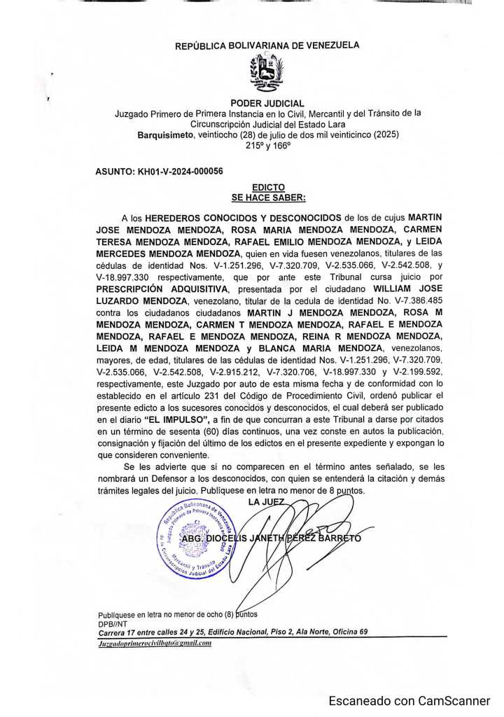Edicto – A los Herederos Conocidos y Desconocidos de los de cujus Martín José Mendoza Mendoza, Rosa María Mendoza Mendoza, Carmen Teresa Mendoza Mendoza, Rafael Emilio Mendoza Mendoza, y Leida Mercede