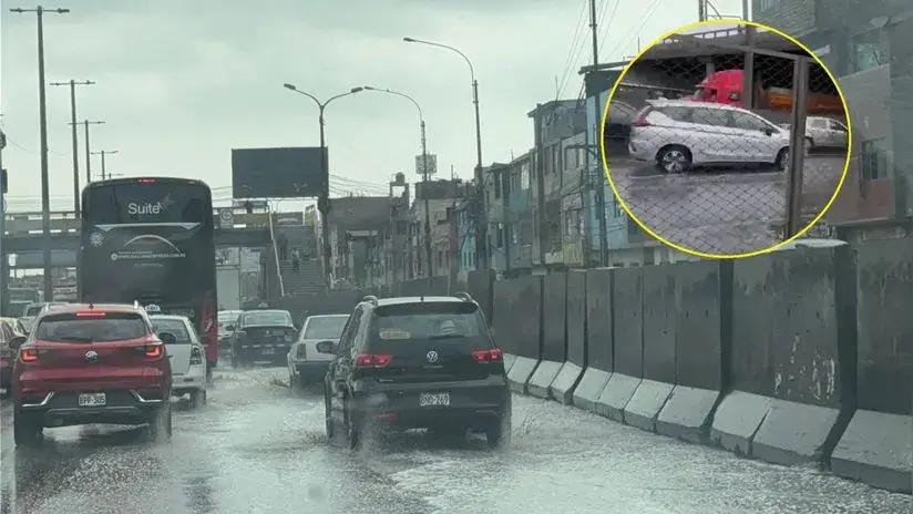Caos vehicular en la Vía de Evitamiento por colapso de buzón de desagüe [VIDEO]