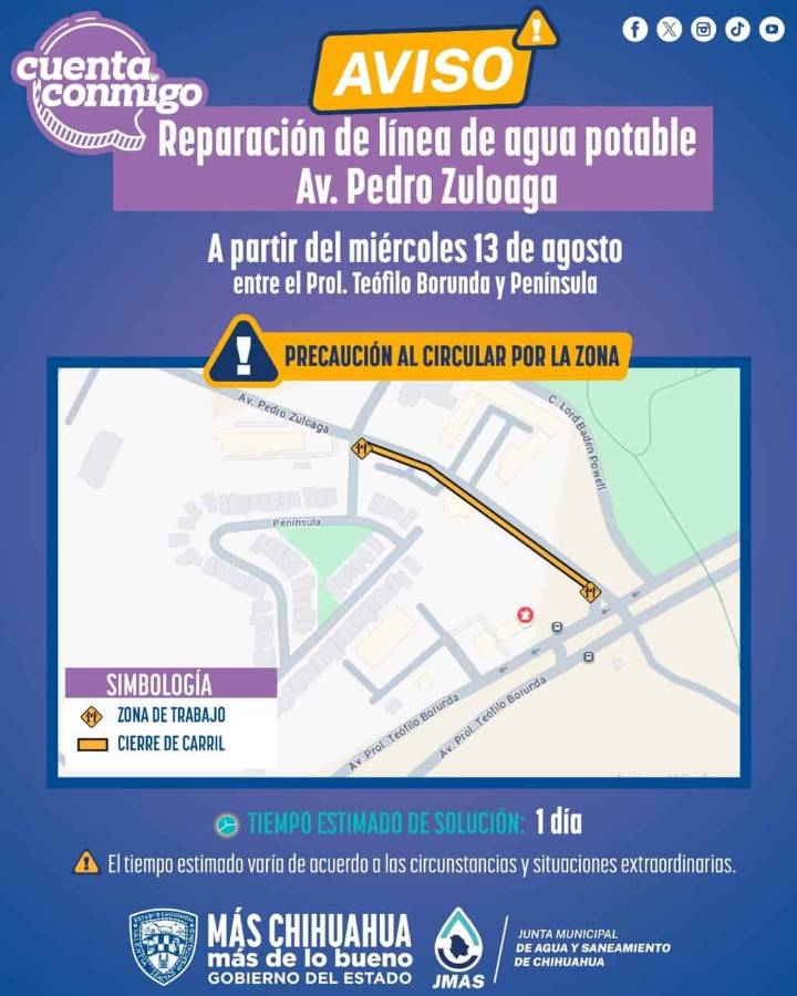Inicia JMAS Chihuahua reparación de línea general de agua potable en avenida Pedro Zuloaga