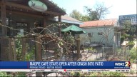 Car drives through fence, patio of Magpie Cafe