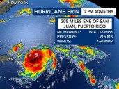 Powerful system with defined eye wall, Hurricane Erin strengthens to Category 5