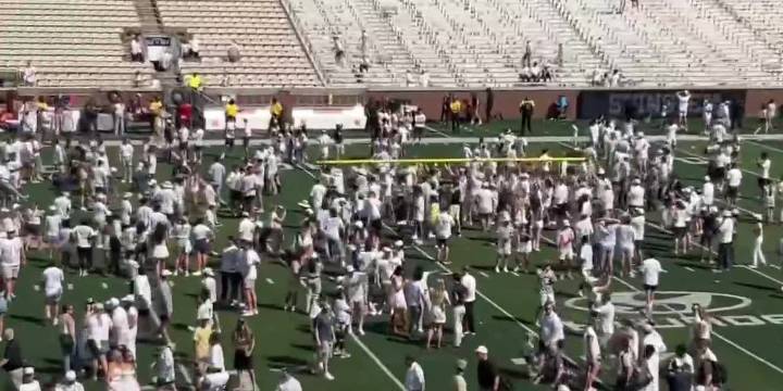 Georgia Tech celebrates by tossing goal posts into their president’s pool