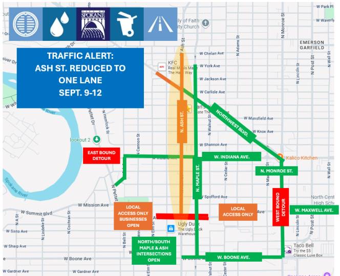 Ash Street reduced to one lane this week in Spokane