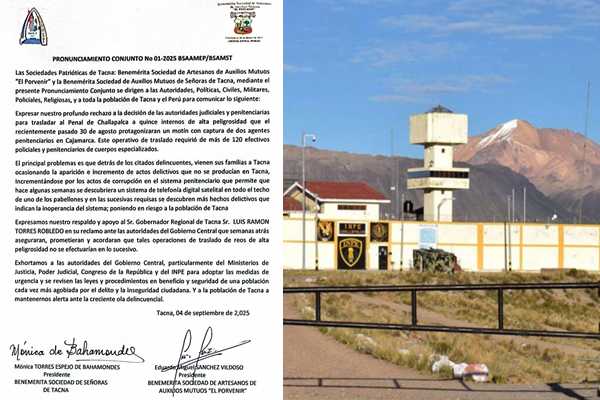 SOCIEDADES PATRIÓTICAS DE TACNA RECHAZAN TRASLADO DE REOS DE ALTA PELIGROSIDAD A CHALLAPALCA
