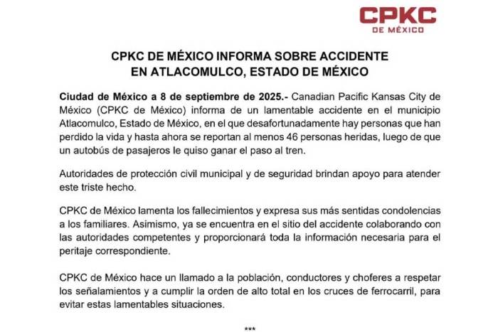 CPKC responsabiliza a operador de autobús tras choque en Atlacomulco