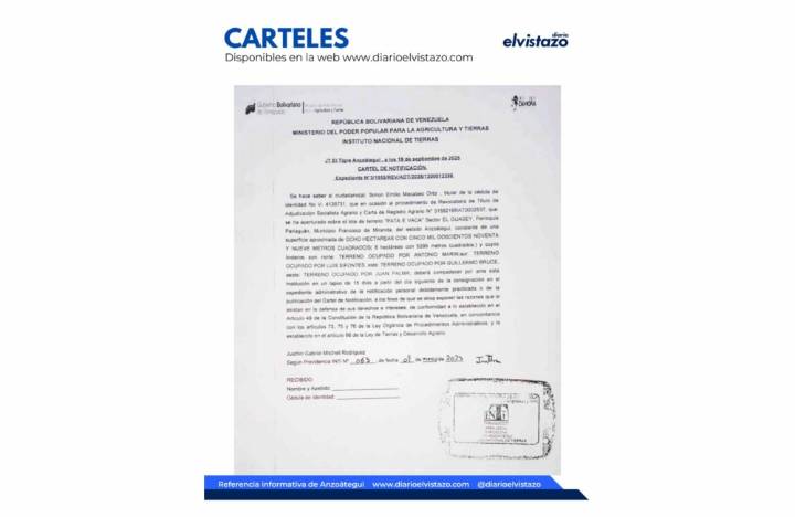 Cartel INTI El Tigre en atención a Simón Emilio Macabeo Ortiz y el lote de terreno «Pata e Vaca»