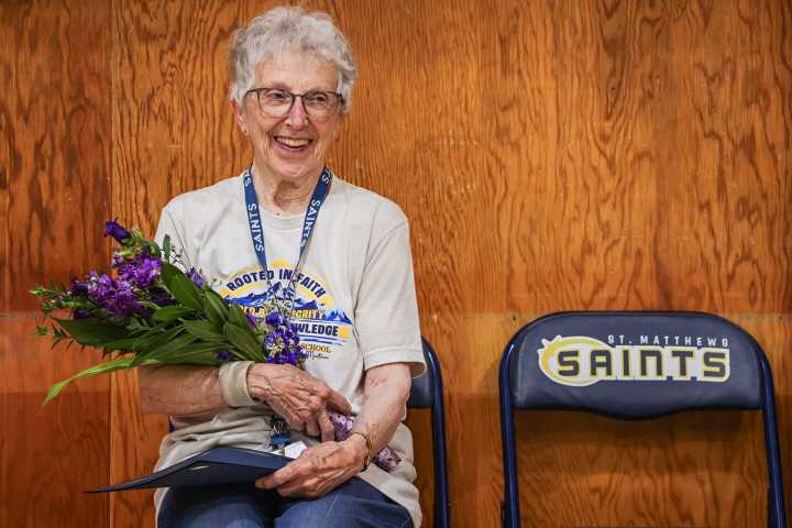 St. Matthew’s Teacher Honored at Surprise Assembly Celebrating 90th Birthday, 70th Year in the Classroom
