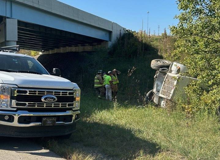 Truck rolls over on ramp from I-80 EB to Route 11 NB
