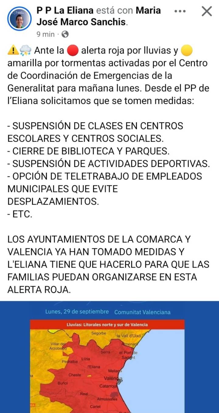 El PP de l’Eliana pide medidas ante la alerta roja por lluvias