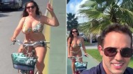 Kelly Brook looks incredible in tiny bikini as she cycles in the sunshine on holiday with husband Jeremy