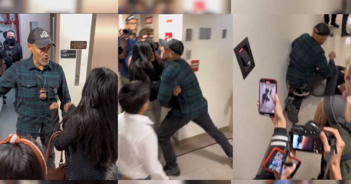 Habrían reanudado labores de oficial de ICE visto en video empujando a una mujer al suelo durante arresto a su pareja en tribunales, según fuentes