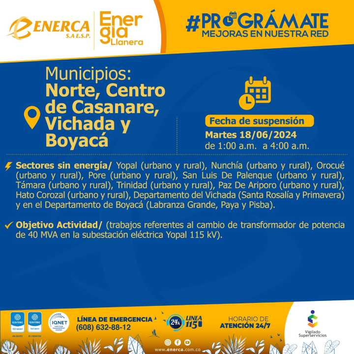 Este 18 de junio, Enerca realizará mantenimiento de gran impacto en el Norte, Centro de Casanare, Vichada y Boyacá