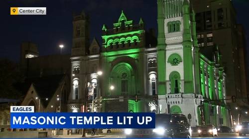 Philadelphia's Masonic Temple illuminates historic facade for Eagles season opener