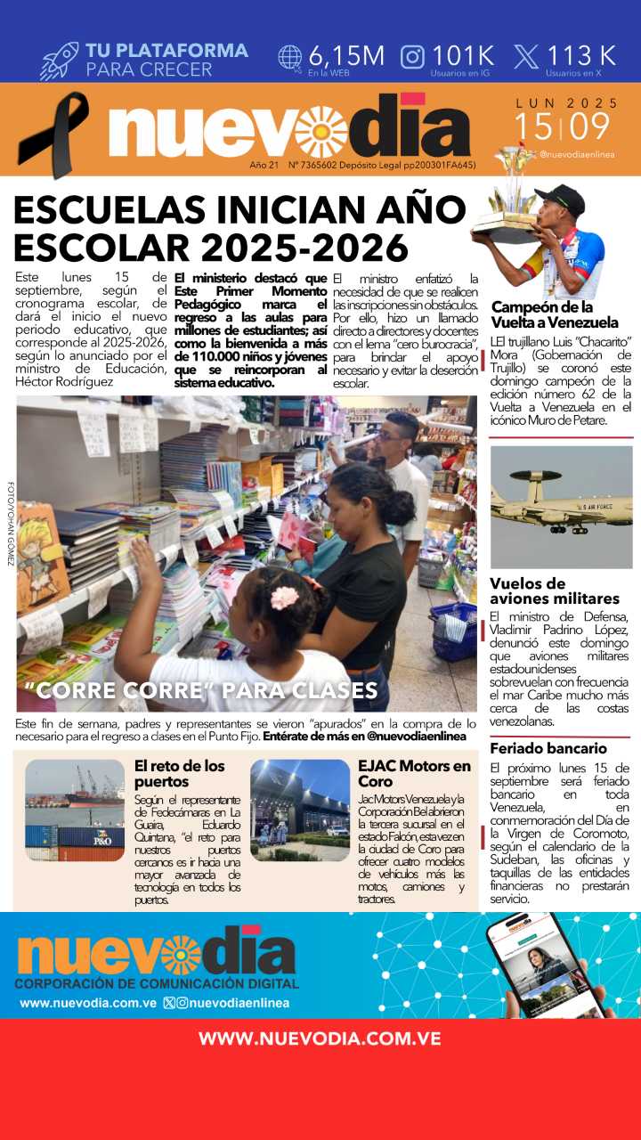 Portada lunes 15 de septiembre de 2025
