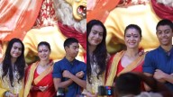 Kajol Looks Stunning, Poses With Kids Nysa And Yug At Durga Puja Pandal