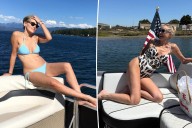 Sharon Stone, 67, models plunging animal print swimsuit on 'glorious' boat outing
