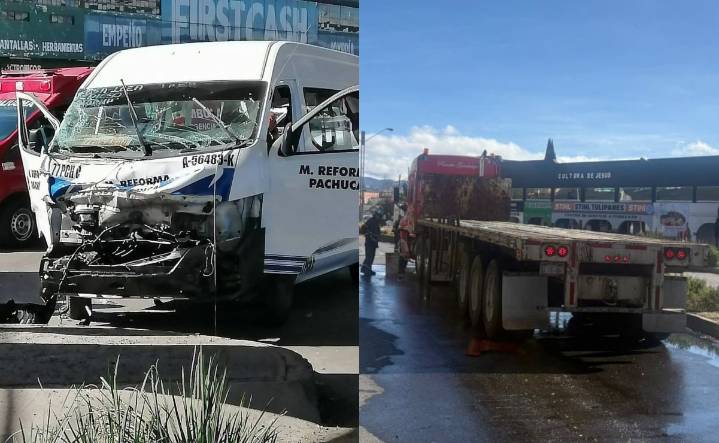 Choque entre camioneta de transporte público y tracto camión en Pachuca, Hidalgo deja cinco lesionados