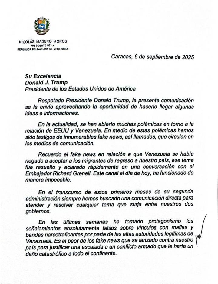 «Espero que podamos juntos derrotar estos fake news»: Hicieron pública la carta que le envió Maduro a Trump