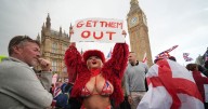 Controversial adult star says 'get them out' in tiny bikini as she joins London protests