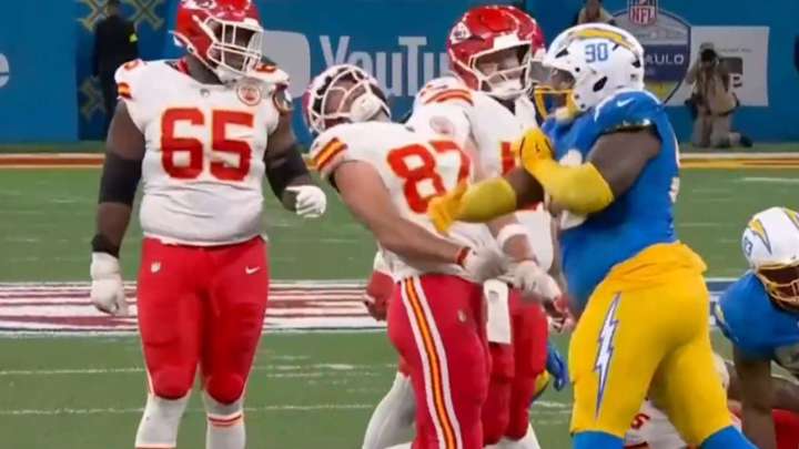 Travis Kelce punched in head with brutal shot as Kansas City Chiefs star is attacked by Los Angeles Chargers rival