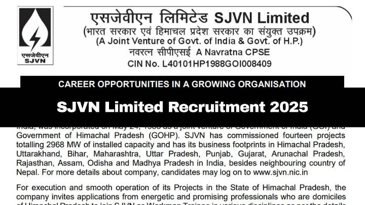 SJVN Limited Recruitment 2025: Application Process For 87 Workman Trainee Posts Underway; Check Selection Process Here
