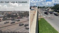 Overturned 18-wheeler that lost its load blocking multiple main lanes, frontage road lanes of I
