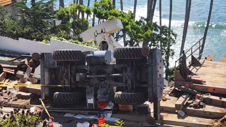 Overturned construction crane blocks traffic in Malibu