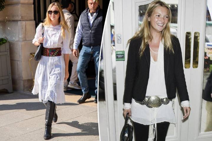 Lila Moss in a boho dress with mom Kate Moss in Paris