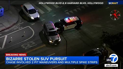 Chase through LA ends in PIT maneuver after suspect drives over spike strips