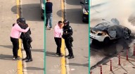 PNP abraza a chofer de auto incendiado en la Vía Expresa mientras su taxi era consumido por el fuego: “Era su herramienta de trabajo”