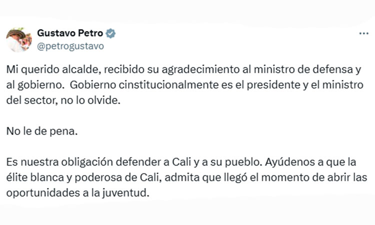 Petro y Eder cruzan mensajes en X por seguridad de Cali