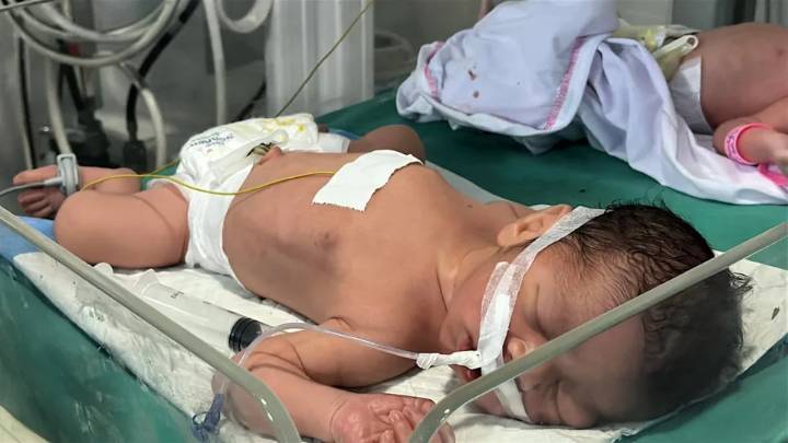 Doctors saved Hamza Al-Rubai by performing an emergency C-section on his dead mother on Sept. 4 after an Israeli airstrike hit the parents' shelter outside Al-Shifa Hospital in Gaza City. The boy's gr