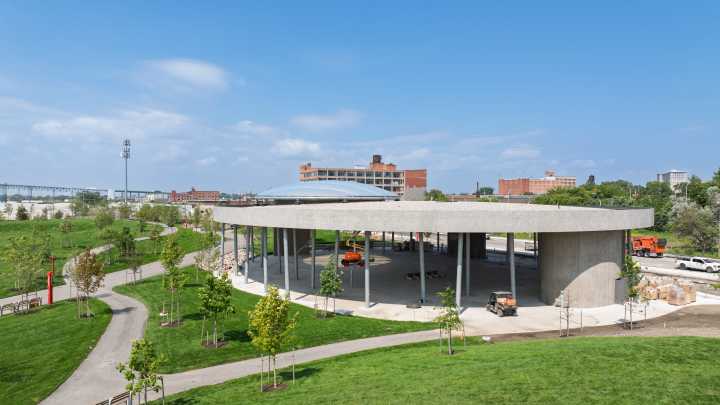 Drone footage of the Ralph C. Wilson Jr. Centennial Park in Detroit