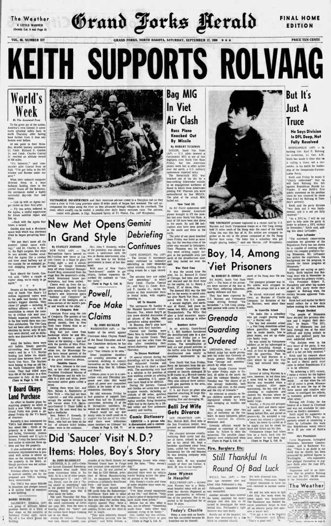 Today in History: September 17, 1966 - Did 'saucer' visit North Dakota? Items: Holes, boy's story