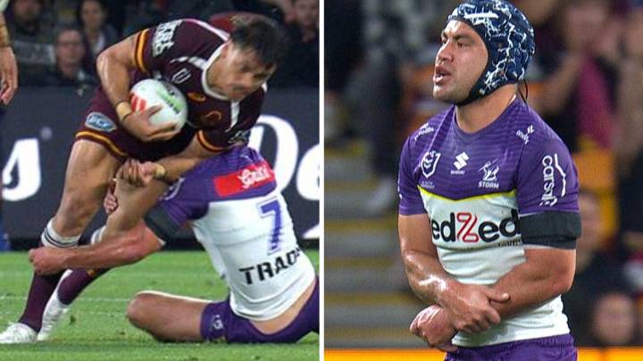 NRL 2025: Jahrome Hughes suspected broken wrist in tackle on Brendan Piakura, Melbourne Storm vs Brisbane Broncos, Round 27