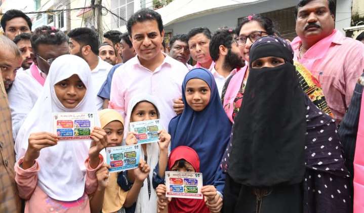 KTR distributes ‘Congress Baaki Cards’ to voters in Jubilee Hills before crucial by