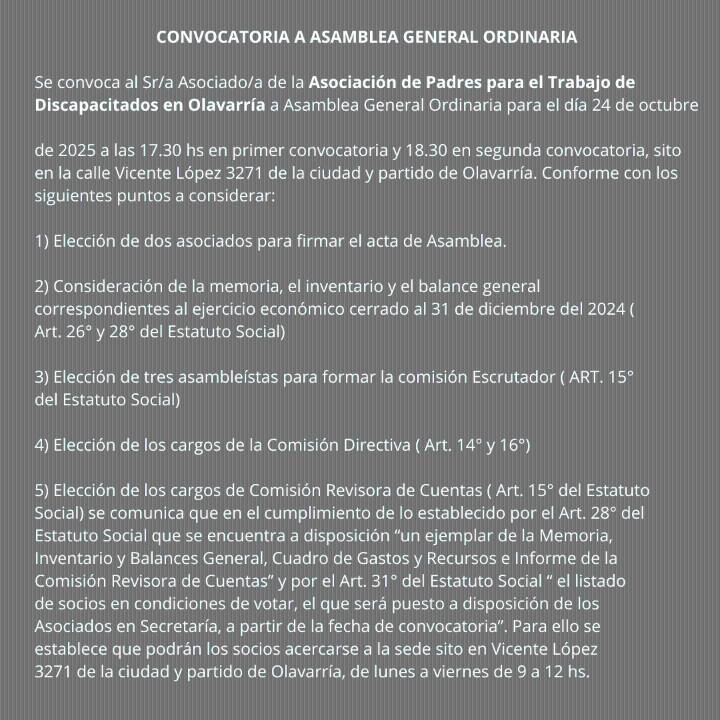 Convocatoria a asamblea: Asociación de Padres para el Trabajo de Discapacitados en Olavarría