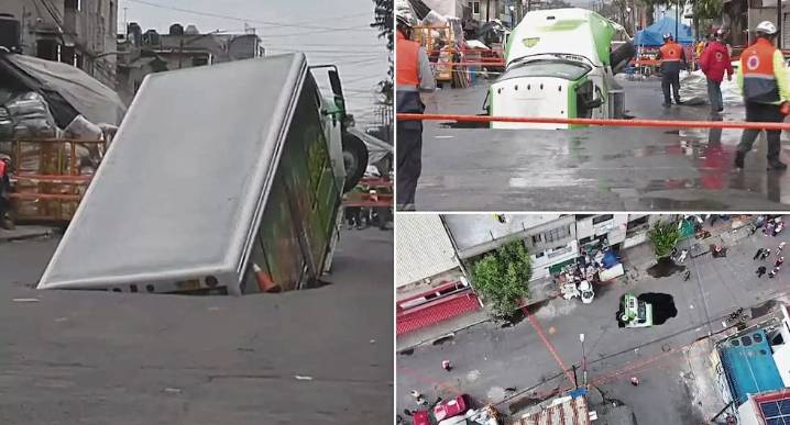 Huecazo se abre en medio de la pista y acaba tragándose a camión