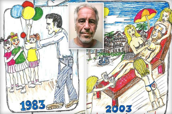 Sick Epstein drawing shows perv handing out balloons to little girls, then getting sex massage