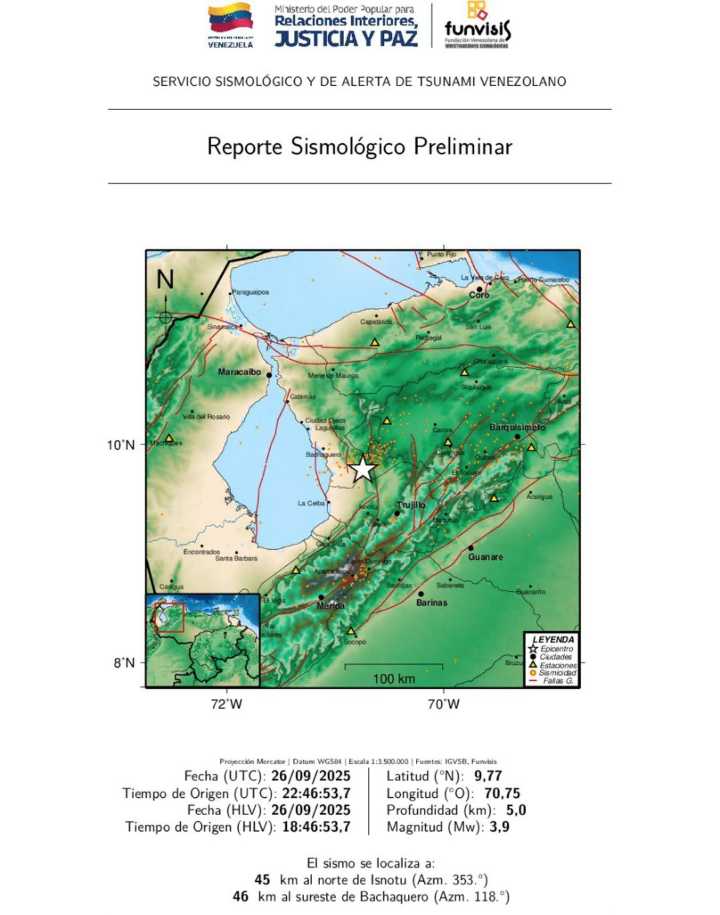 Funvisis reporta nievo aismo de 3.9 añ norte de Isnotú