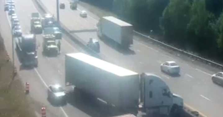 Jackknifed 18-wheeler slows down traffic on I