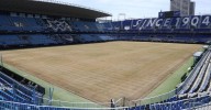 El césped de La Rosaleda, también en labores de mantenimiento