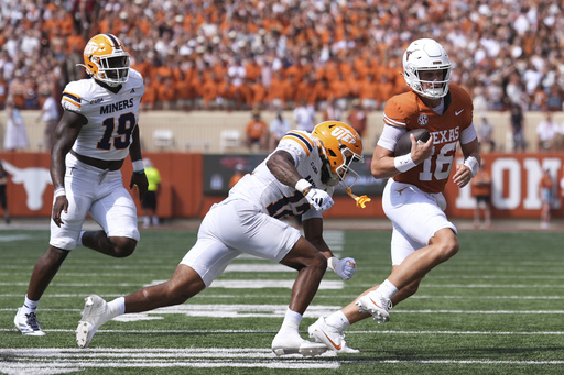 Manning runs for 2 touchdowns but struggles again in passing game as No. 7 Texas beats UTEP 27
