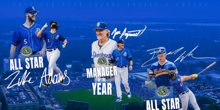 Adams, Wilken and Ayrault earn Southern League honors for Biloxi Shuckers following 2025 season