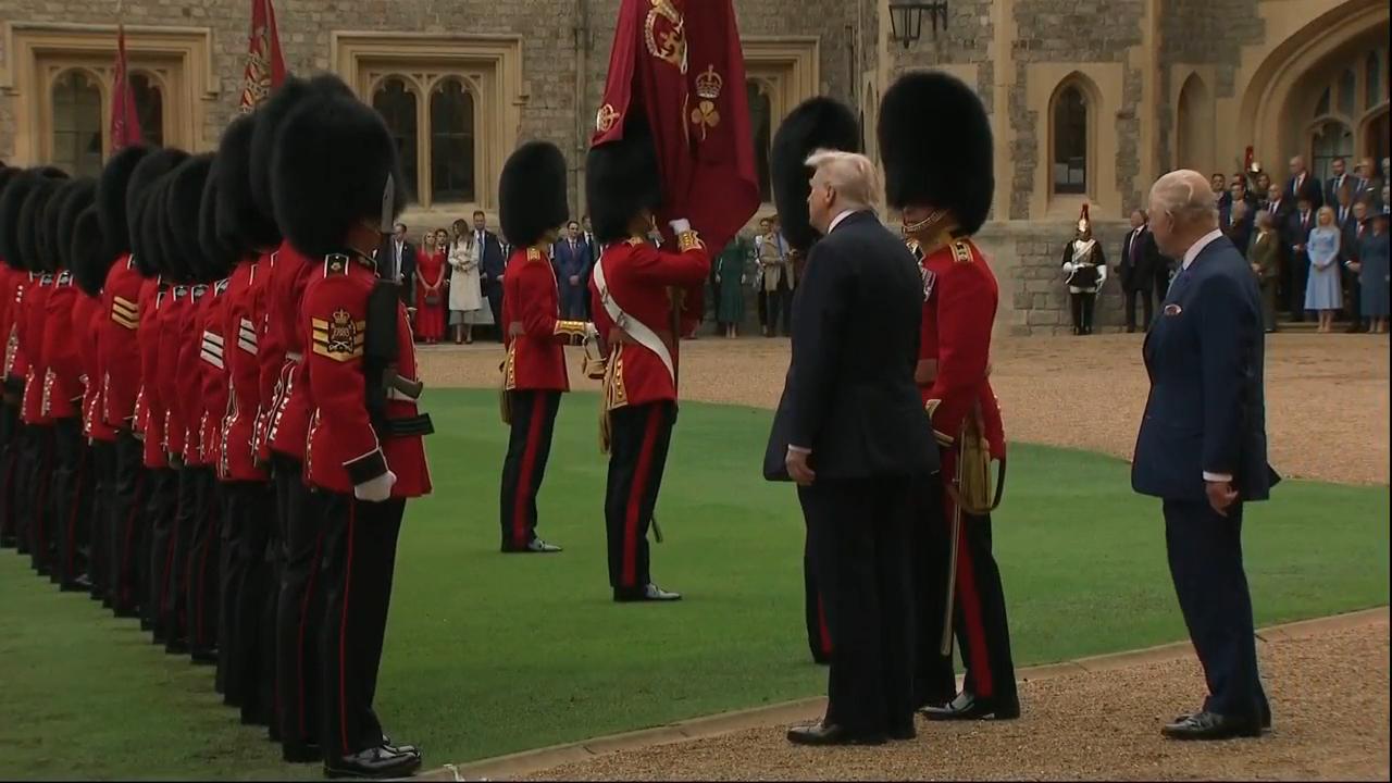Donald Trump and King Charles inspect honour guard during ceremonial welcome at Windsor